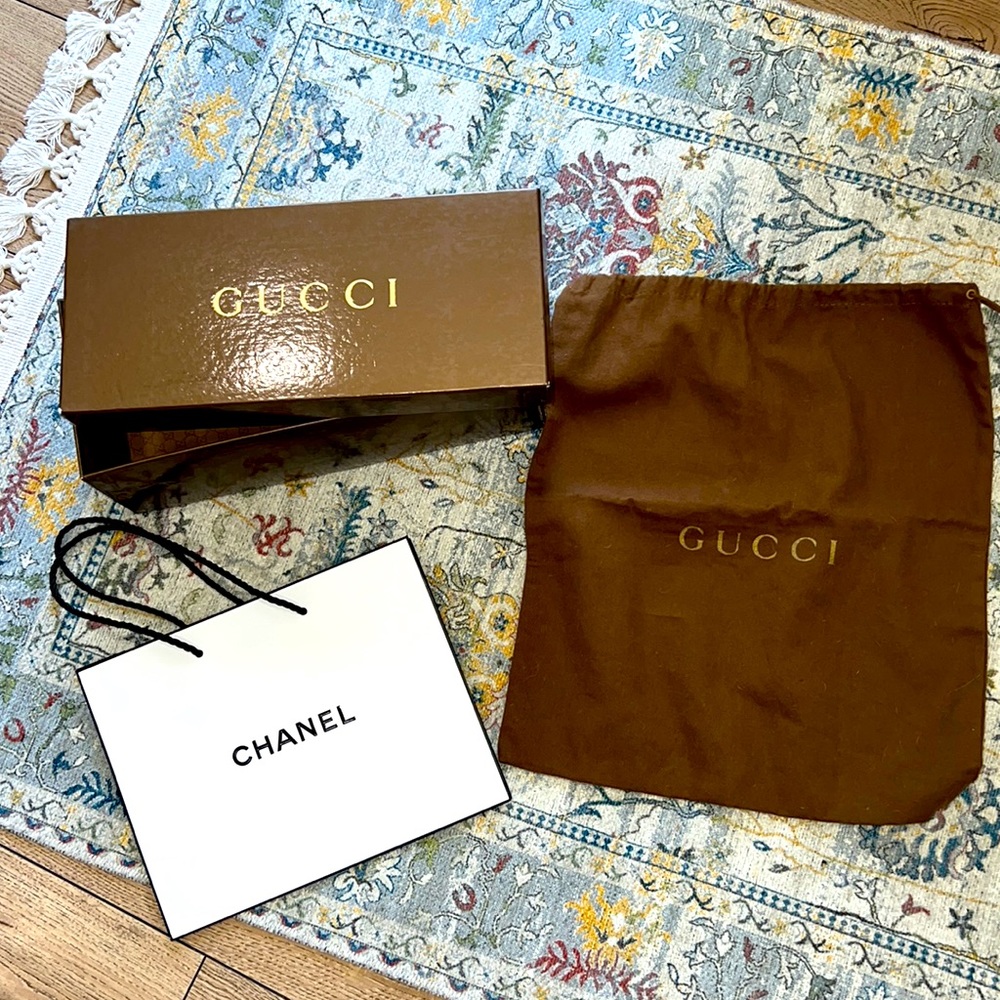 Gucci shoebox with shoe bag and Chanel bag